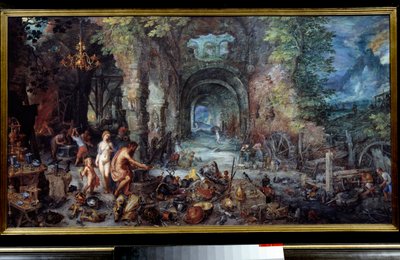 Cztery żywioły: Alegoria „Ogień”. Przyjdź i Vulcan w kowalu, robiąc broń dla ich syna Enee. Wokół nich kowale i złotnicy wykonują zbroje, broń, wazony, biżuterię, kubki do picia, naczynia i kotły. Obraz Jana Breugla Le V autorstwa Jan the Elder Brueghel