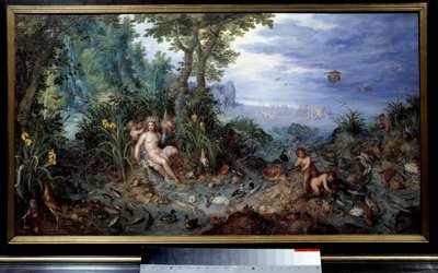 Cztery żywioły: Alegoria „Wody”. Młoda kobieta z kaczkami, ryba. Obraz Jana Brueghela Le Vieux nazywa Brueghel de Velours (Brueghel lub Brueghel autorstwa Jan the Elder Brueghel