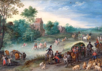 Podróżnicy na wiejskiej drodze z bydłem i świniami autorstwa Jan the Elder Brueghel
