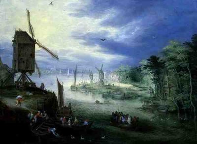 Krajobraz rzeki z wiatrakami (olej na panelu) autorstwa Jan the Younger Brueghel