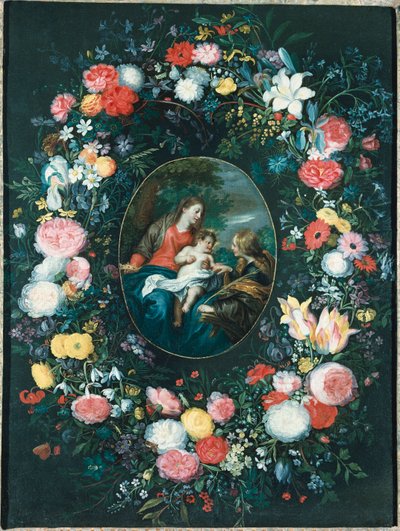 Mistyczne zaślubiny św. Katarzyny w pejzażu, otoczone girlandą kwiatów autorstwa Jan Brueghel the Younger