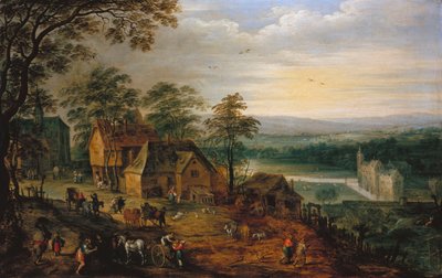 Wiejska ulica z postaciami i wozami, w tle zamek z fosą autorstwa Jan Brueghel the Younger