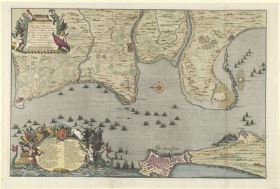 Mapa lądowania i ekspedycji aliantów w Kadyksie, 1702 Plan Dissante of Landing in Spangien dla Cadix z Campements i Marse sporządzony przez księcia Ormont i generała Majora i barona de Spar Ceederta 26 sierpnia do autorstwa Jan van Call (I)