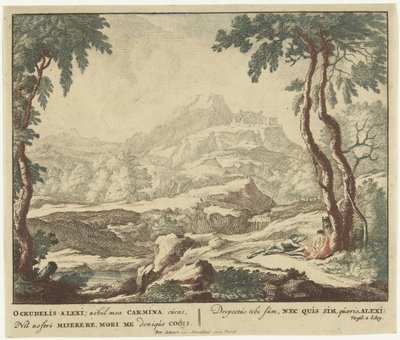 Krajobraz z dwoma pasterzami przy drzewie Sceny z tomiku poezji Wergiliusza Bucolica (tytuł serii) autorstwa Jan van Call (I)