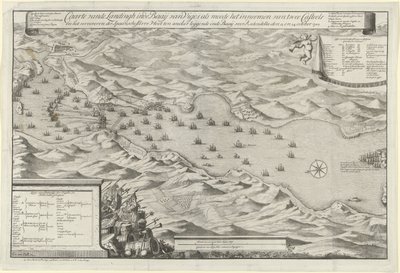 Bitwa o zatokę w Vigo i zdobycie hiszpańskiej srebrnej floty, 1702 Caarte vande Landingh w Zatoce Vigos w ramach schwytania dwóch Casteels i schwytania Hiszpańskiej Srebrnej Floty zakotwiczonej w Zatoce dla Redondella den autorstwa Jan van Call (I)