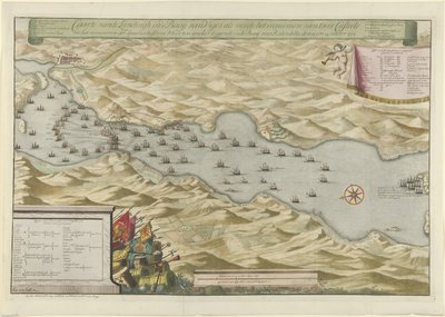 Bitwa o zatokę w Vigo i zdobycie hiszpańskiej srebrnej floty, 1702 Caarte vande Landingh w Zatoce Vigos w ramach schwytania dwóch Casteels i schwytania Hiszpańskiej Srebrnej Floty zakotwiczonej w Zatoce dla Redondella den autorstwa Jan van Call (I)