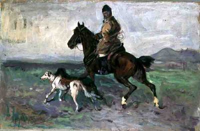 Jeździec z chartami, ok. 1890 (olej na pokładzie) autorstwa Jan van Chelminski