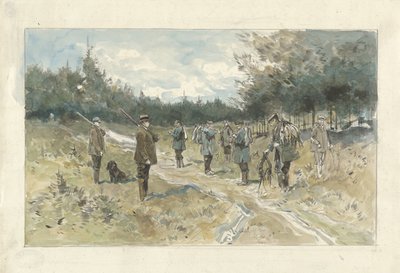 Krajobraz z grupą myśliwych po polowaniu na Leusderhei autorstwa Jan van Essen