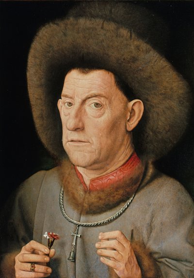 Portret mężczyzny z goździkiem i Orderem św. Antoniego (olej na dębie) autorstwa Jan van Eyck
