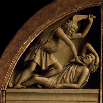 Ołtarz Gandawski. Adoracja Mistycznego Baranka: Kain zabija Abla, 1432. autorstwa Jan van Eyck