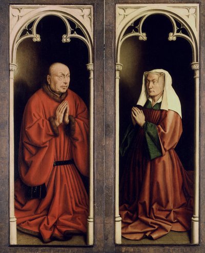 Ołtarz Gandawski. Adoracja Mistycznego Baranka: Joos Vijd i Elisabeth Borluut, 1432. autorstwa Jan van Eyck