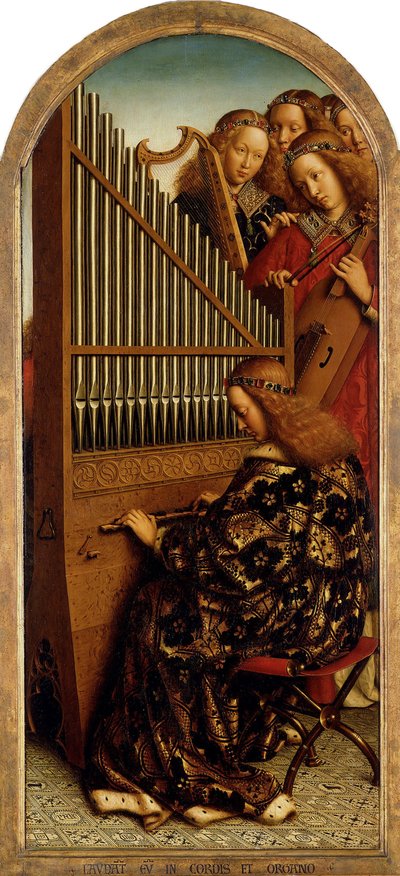 Ołtarz Gandawski. Adoracja Baranka Mistycznego: Aniołowie tworzący muzykę, 1432. autorstwa Jan van Eyck