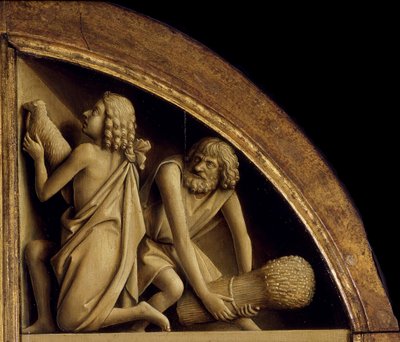 Ołtarz Gandawski. Adoracja Mistycznego Baranka: Ofiara Kaina i Abla, 1432. autorstwa Jan van Eyck