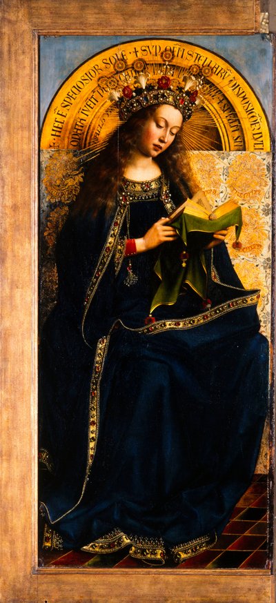 Ołtarz Gandawski. Adoracja Baranka Mistycznego: Intronizowana Dziewica Maryja, 1432. autorstwa Jan van Eyck