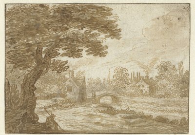 Krajobraz z domami i mostem autorstwa Jan van Goyen (possibly)