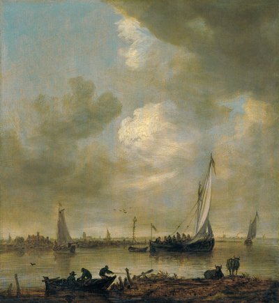 Ujście rzeki z "Smalschips", rybakami i wodopojem dla bydła autorstwa Jan van Goyen