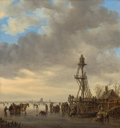 Scena lodowa w pobliżu drewnianej wieży obserwacyjnej autorstwa Jan van Goyen