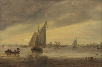Wschód słońca nad Haarlemmermeer ze statkiem i innymi łodziami autorstwa Jan van Goyen