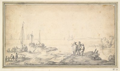 Trzy postacie na zatoce z widokiem na wydmę ze statkami autorstwa Jan van Goyen