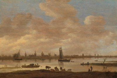 Widok na wyimaginowane miasto po drugiej stronie rzeki, z wieżą św. Pola w Vianen autorstwa Jan van Goyen