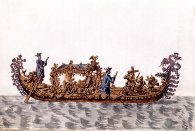 Gondola królewska. Rysunek akwarelowy i tusz z rękopisu „Zwyczajności Wenecjan” Jana van Grevenbroeka (lub Giovanniego Grevenbroicha (Grevenbroich) (1731-1807) autorstwa Jan van Grevenbroeck
