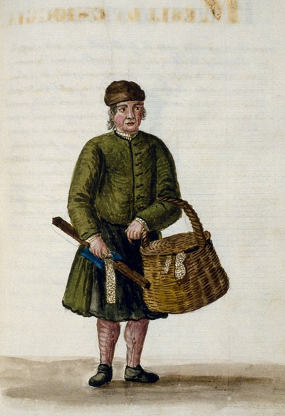 Sprzedawca koronek z Chioggian, ilustracja z rękopisu stroju weneckiego, tom IV, ok. 68, Jan Grevenbroeck (1731-1807), akwarela, Włochy autorstwa Jan van Grevenbroeck