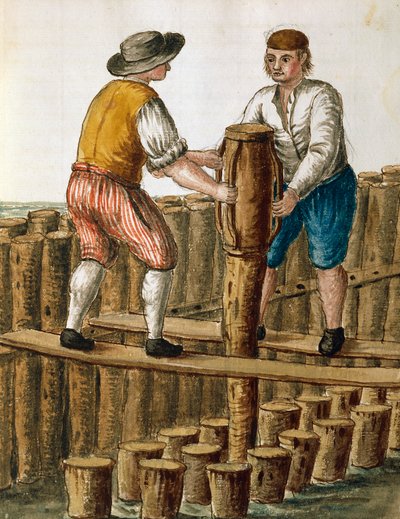 Kładzenie fundamentów laguny weneckiej, ilustracja Jan van Grevenbroeck (1731-1807) z rękopisu Dress of Venetian, Włochy autorstwa Jan van Grevenbroeck