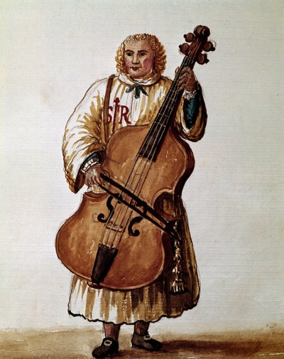Muzyk uliczny (Wędrujący muzyk) Rysunek akwarelowy i tusz z rękopisu „Zwyczajności Wenecji” Jana van Grevenbroecka (lub Giovanni Grevembroch (Grevenbroch) (1731-1807) autorstwa Jan van Grevenbroeck