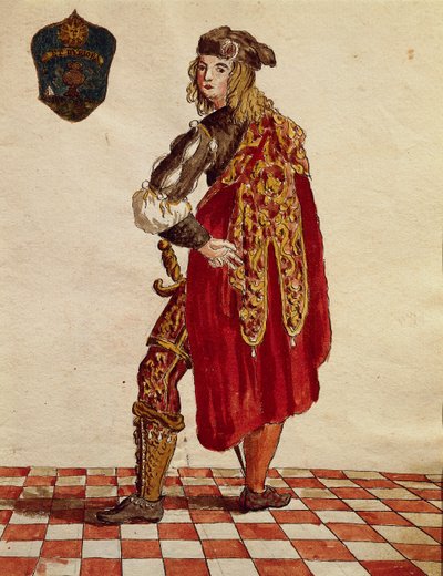 Kostium rycerza Confraternity de la Calza (Pończocha) w 1564, Jan van Grevenbroeck lub Giovanni Grevembroch (1731-1807), Gli Abiti de Veneziani, z ilustrowanej księgi kostiumów, akwarela autorstwa Jan van Grevenbroeck