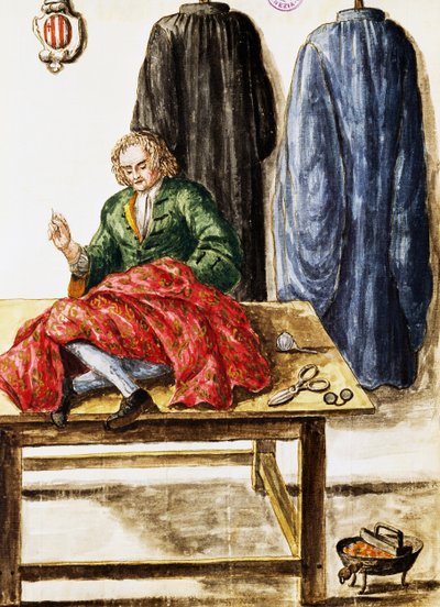 Zakład krawiecki, ilustracja Jana van Grevenbroecka (1731-1807) z rękopisu Dress of Venetian, Włochy autorstwa Jan van Grevenbroeck