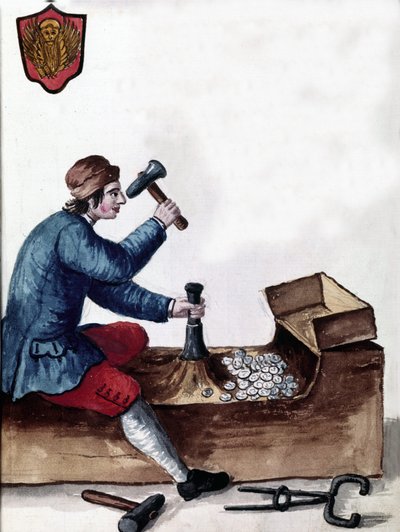 Produkcja monet Republiki Weneckiej: etap bicia. Rysunek akwarelowy i tusz z rękopisu „Zwyczajności Wenecjan” Jana van Grevenbroecka (lub Giovanniego Grevembrocha (Grevenbrocha) (1731-1807) autorstwa Jan van Grevenbroeck