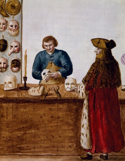 Sklep z maskami, ilustracja z Ilustrowanej księgi strojów weneckich, Włochy autorstwa Jan van Grevenbroeck