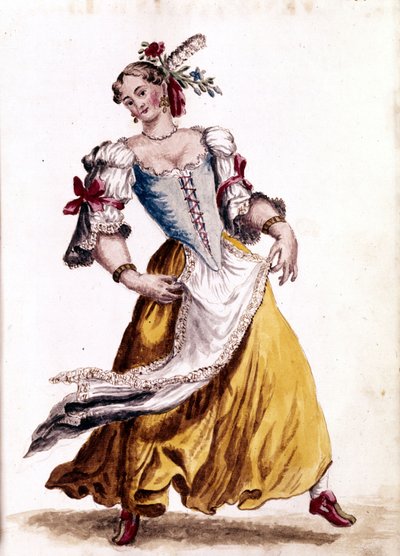 Taniec wenecki. Rysunek akwarelowy i tusz z rękopisu „Zwyczajności Wenecjan” Jana van Grevenbroeka (lub Giovanniego Grevenbroicha (Grevenbroich) (1731-1807) autorstwa Jan van Grevenbroeck