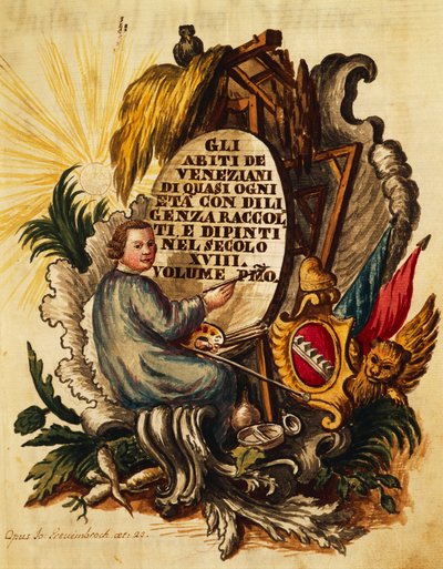 Suknia wenecka dla wszystkich grup wiekowych, starannie zbierana i malowana, na XVIII wiek, przez Giovanniego Grevembrocha, strona tytułowa autorstwa Jan van Grevenbroeck