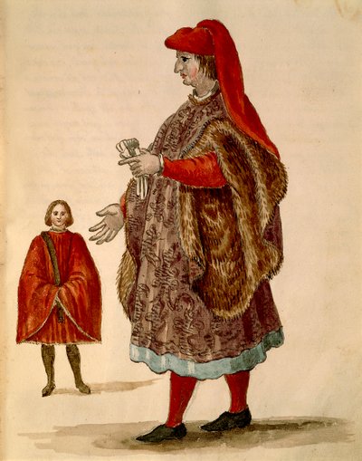 Senator wenecki w "Dogalinie", formalnej szacie z szerokimi rękawami, Jan van Grevenbroeck lub Giovanni Grevembroch (1731-1807), Gli Abiti de Veneziani, z ilustrowanej księgi kostiumów, akwarela autorstwa Jan van Grevenbroeck