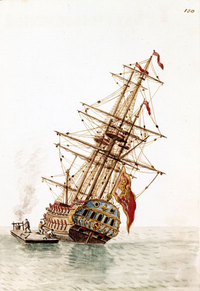 Statek wenecki zestrzelony w kadłubie do naprawy. Rysunek akwarelowy i tusz z rękopisu „Zwyczaje Wenecjan” Jana van Grevenbroecka (lub Giovanniego Grevembrocha (Grevenbrocha) (1731-1807) autorstwa Jan van Grevenbroeck