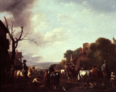 Jeźdźcy i wędrowcy zatrzymali się w wiosce autorstwa Jan van Huchtenburgh