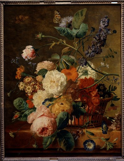 Kosz kwiatów z motylami. Obraz Jana Van Huysuma (1682-1749) Ec. Hol. autorstwa Jan van Huysum