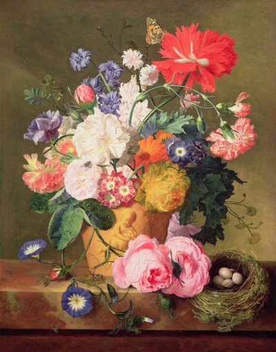 Kwiaty w wazonie z terakoty, 1744 (panel) (para do 68874) autorstwa Jan van Huysum
