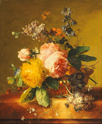 Róże i inne kwiaty w koszu na marmurowej półce, ok. 1742 r. autorstwa Jan van Huysum