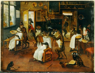 Singerie: Monkey Barbers obsługujący koty autorstwa Jan van Kessel