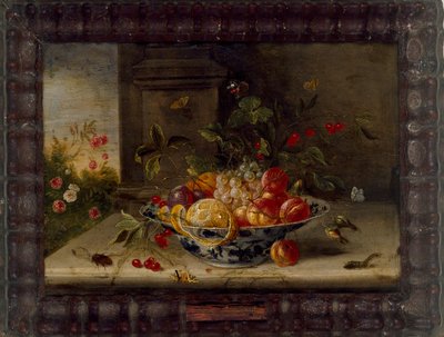 Dekoracyjna kompozycja martwej natury z porcelanową miską, owocami i owadami, połowa XVII wieku autorstwa Jan van Kessel
