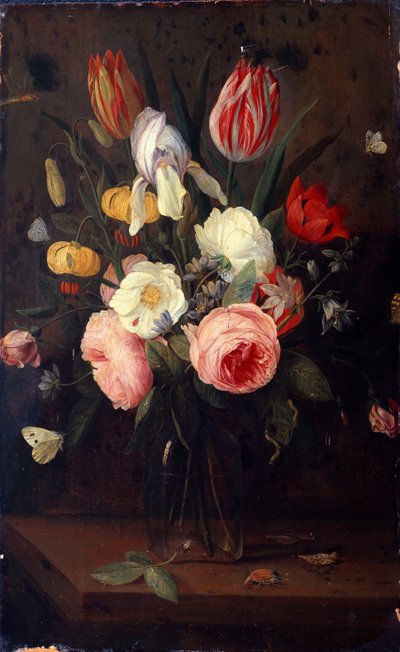 Róże, tulipany i inne kwiaty w szklanym wazonie z owadami na stole autorstwa Jan van Kessel