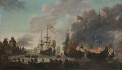 Holenderskie płonące statki angielskie podczas holenderskiego nalotu na Medway, 20 czerwca 1667 r autorstwa Jan van Leyden