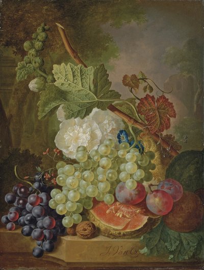 Kwiaty, winogrona, śliwki, orzechy włoskie i melon na kamiennej półce autorstwa Jan van Os