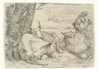 Trzy krowy i dwóch pasterzy autorstwa Jan van Ossenbeeck