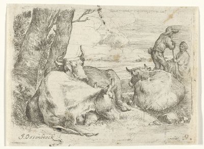 Trzy krowy i dwóch pasterzy autorstwa Jan van Ossenbeeck