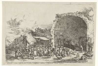 Uroczystości przy ruinach jaskini nimfy Egeria Prospetto e veduto a Cafarelle fuoro di porte S. Sebastiano, Roma (tytuł na obiekcie) autorstwa Jan van Ossenbeeck