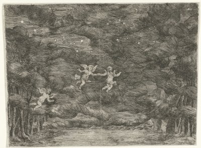 Wystrój sceny z aniołami na nocnym niebie autorstwa Jan van Ossenbeeck