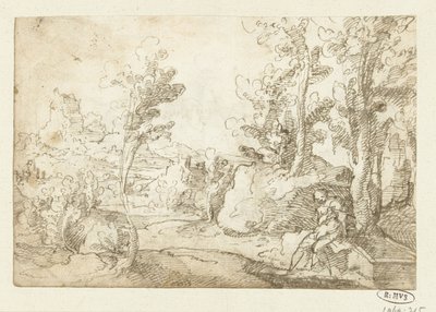 Pejzaż z postacią siedzącą przy studni autorstwa Jan van Scorel (attributed to)